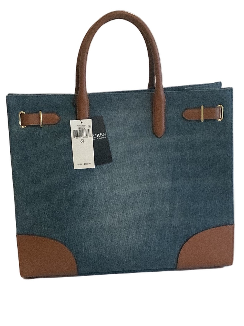 Ralph Lauren Devyn Leather Trim Denim Large Tote Bag New - Picture 2 of 6